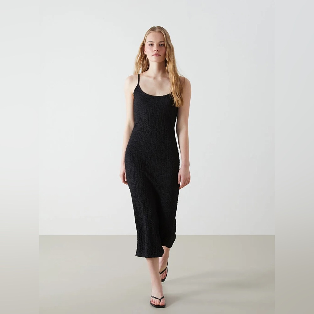 Ribbed Cotton Dress Black Knit Midi Dress - Summer Casual Flattering Small